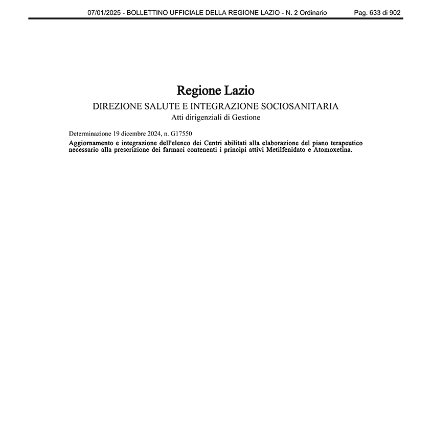 Regione Lazio – Aggiornamento dell’elenco delle strutture abilitate alla elaborazione dei Piani Terapeutici a base di Metilfenidato e di Atomoxetina